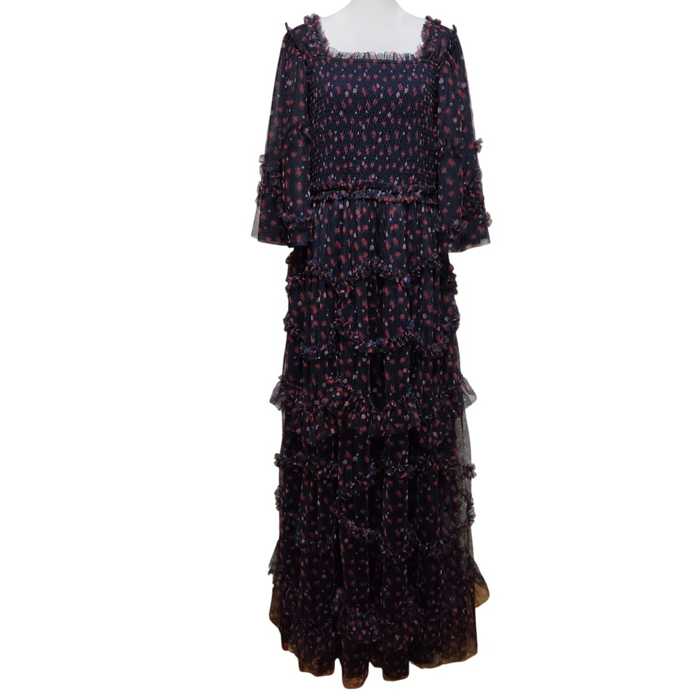 JessaKae Collection Navy Floral Mesh Smocked Tiered Maxi Dress Large Romantic